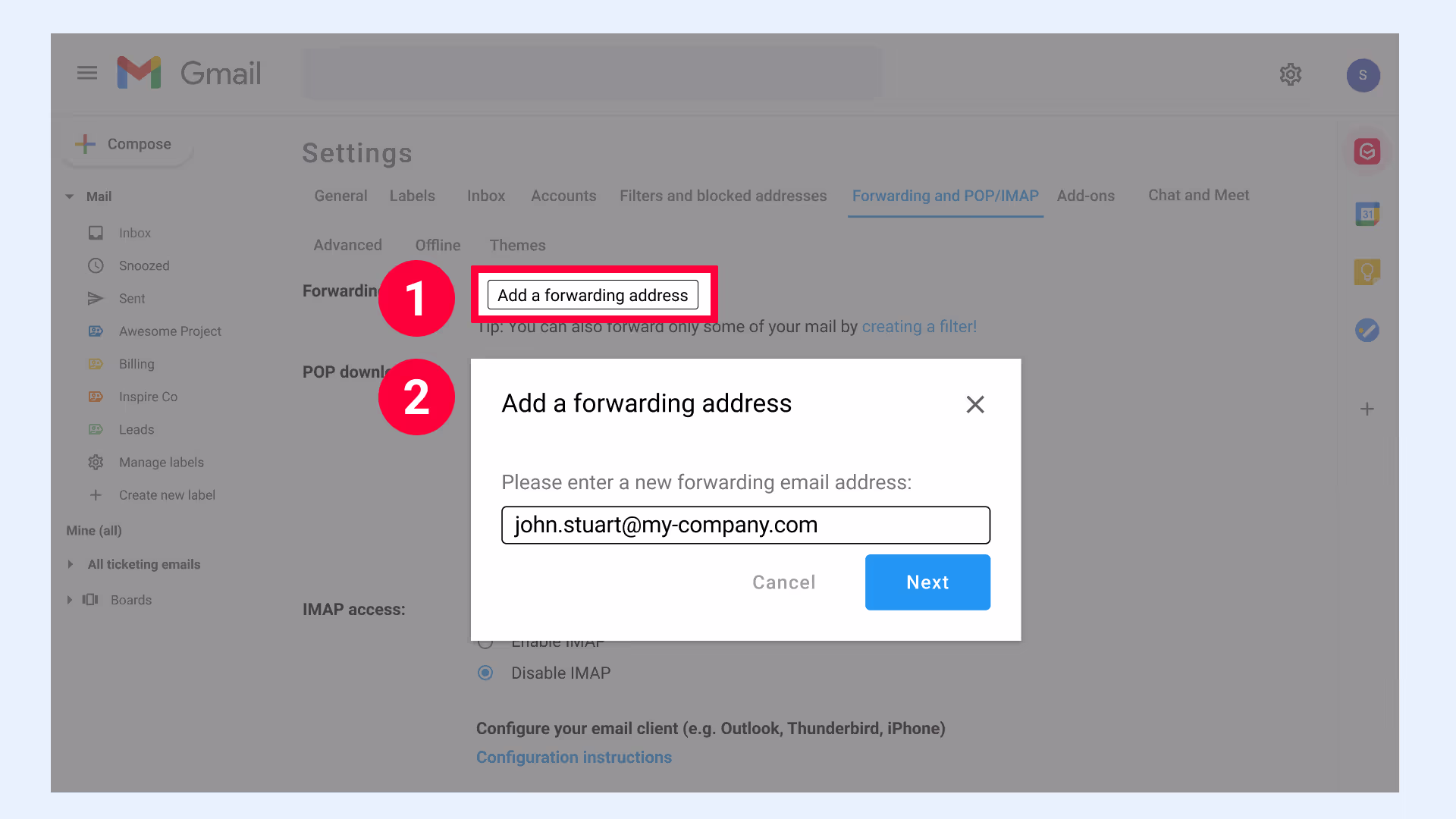 Gmail settings add a forwarding address