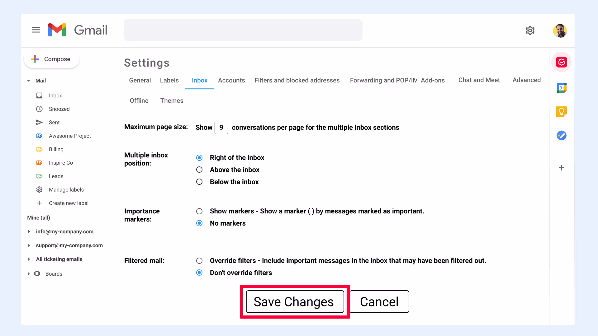 Gmail settings Inbox Save changes