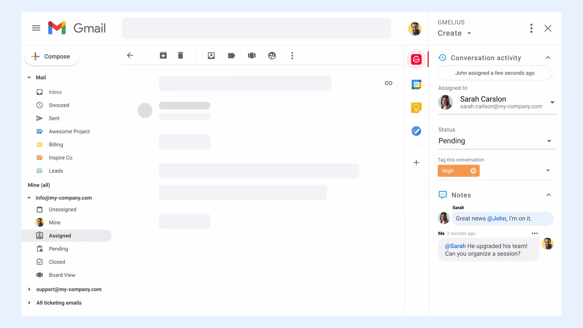 Gmelius shared inbox in Gmail