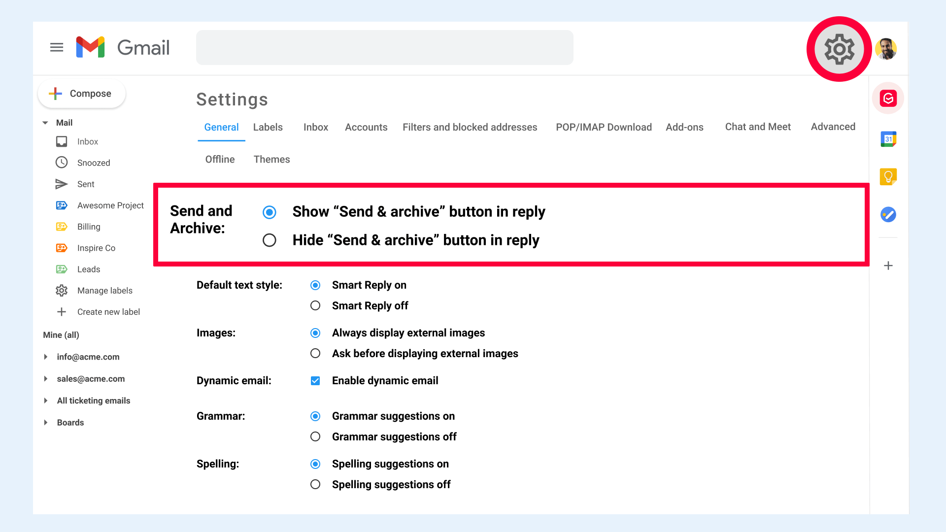 Gmail Settings Send & Archive