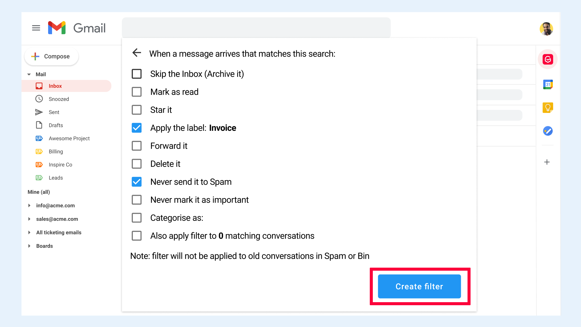 Create Gmail filter