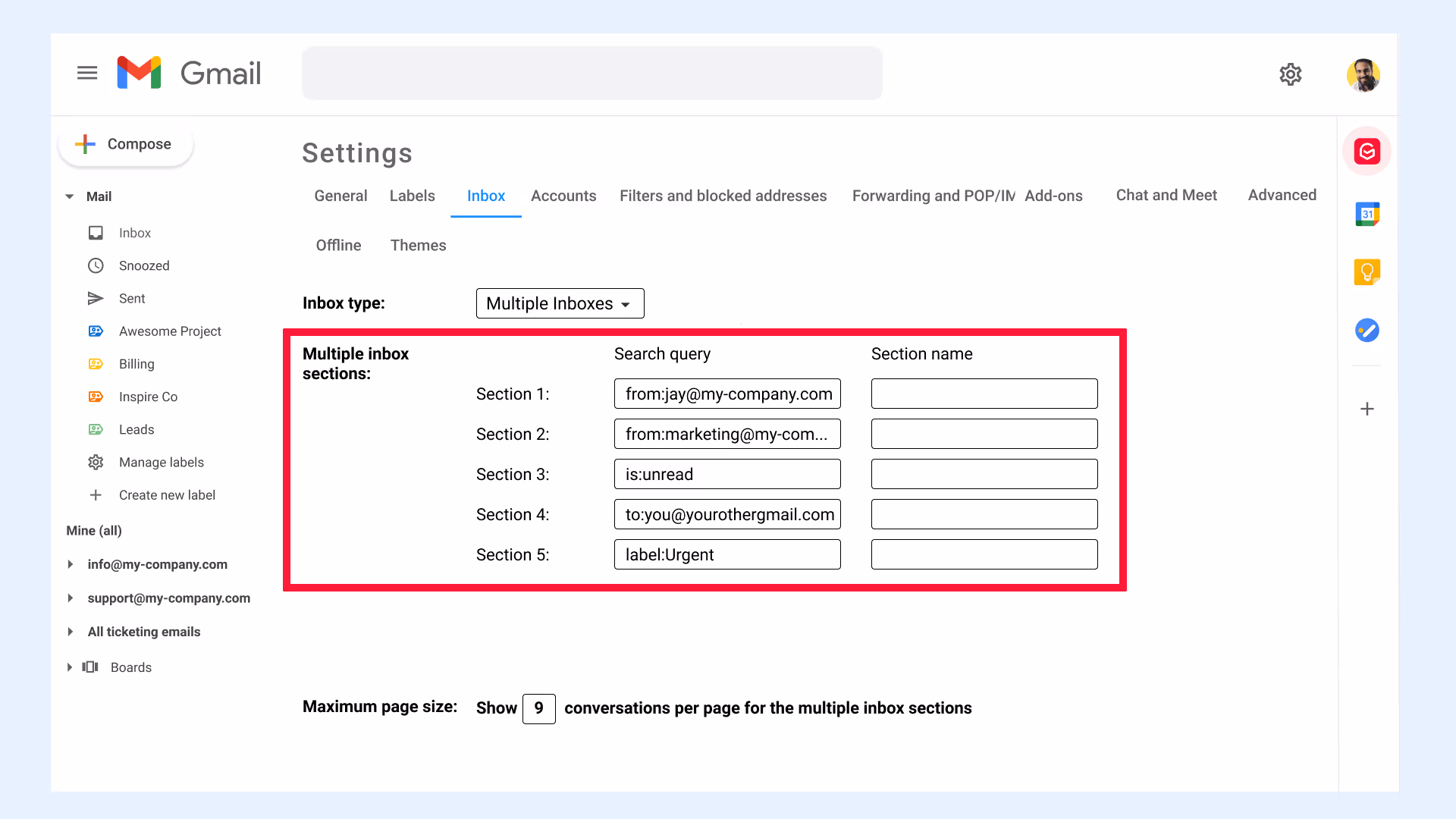 Gmail settings Inbox Search query