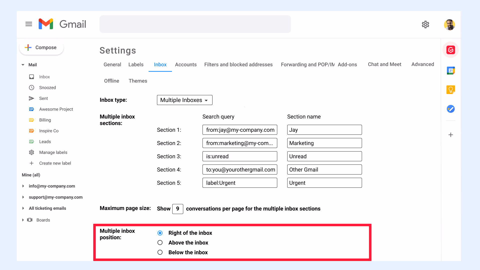 Gmail settings Inbox Multiple Inbox position