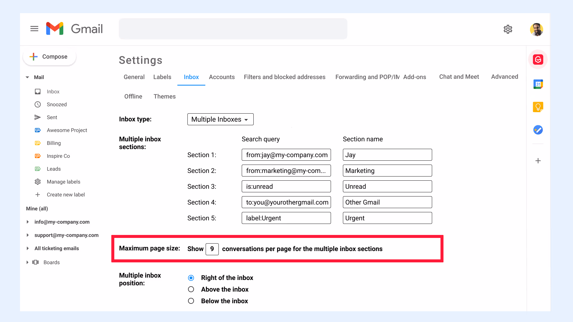 Gmail settings Inbox conversations per page