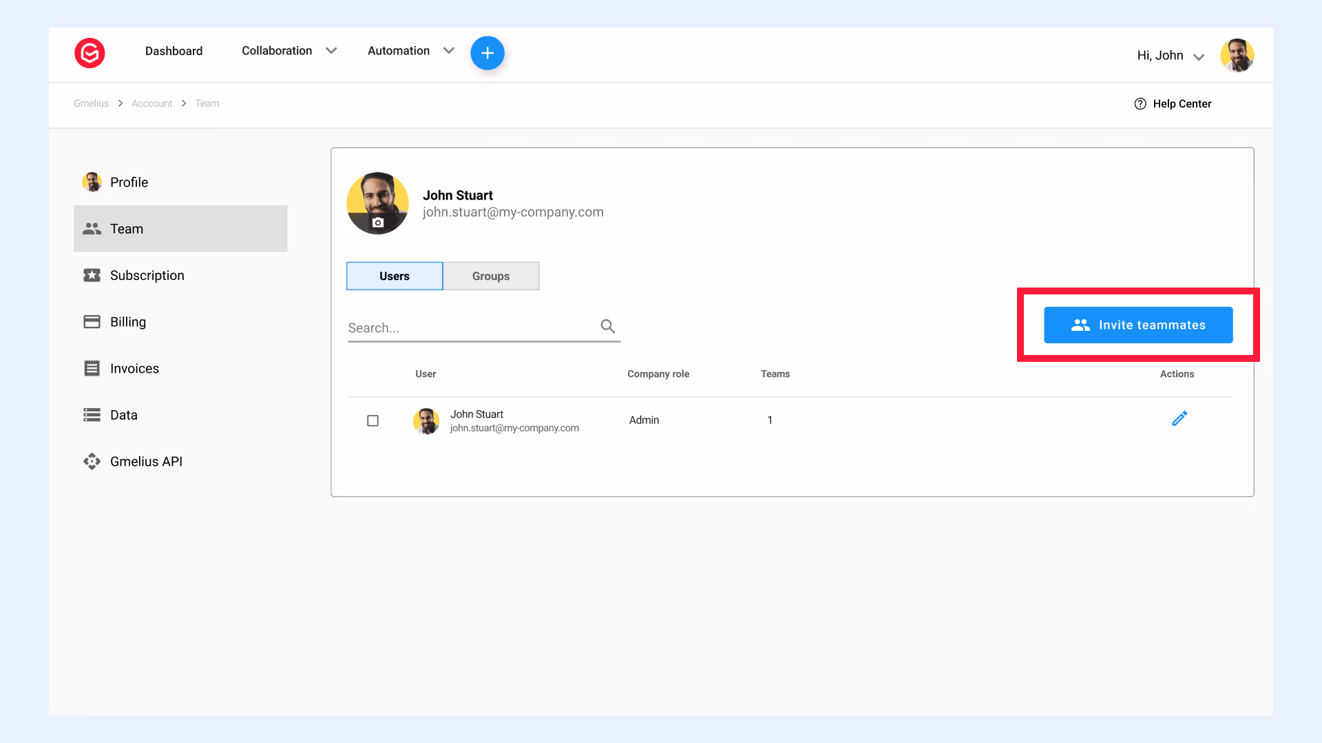 Invite team members to Gmelius