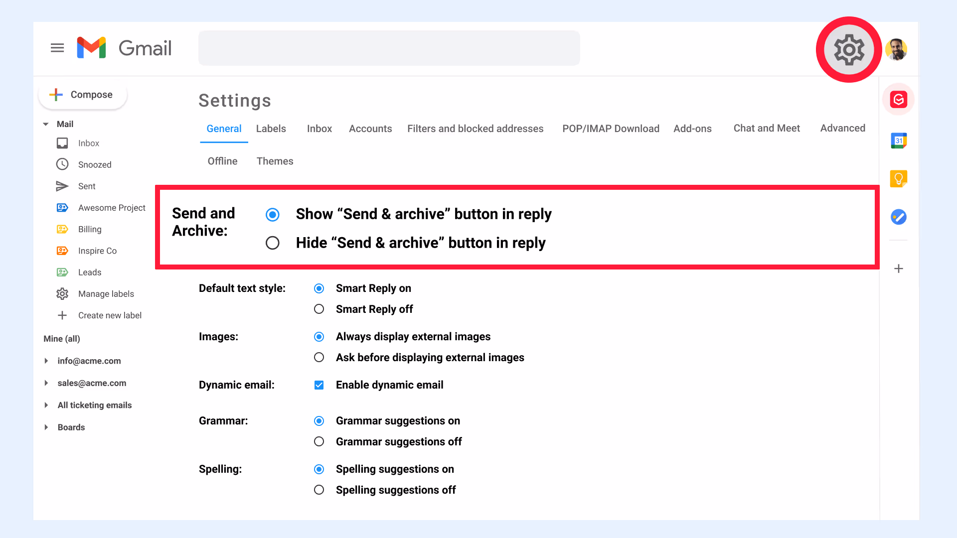 Gmail Settings Send & Archive