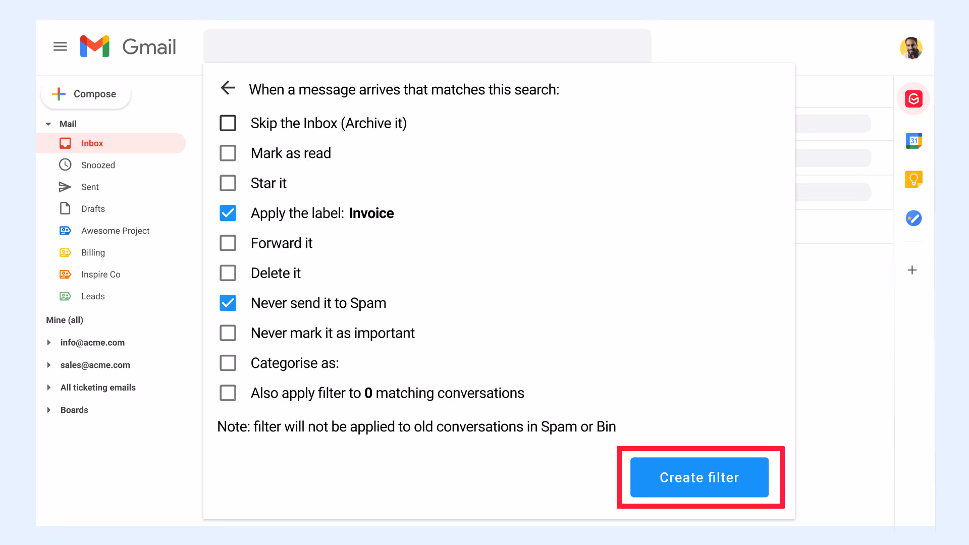 Create Gmail filter