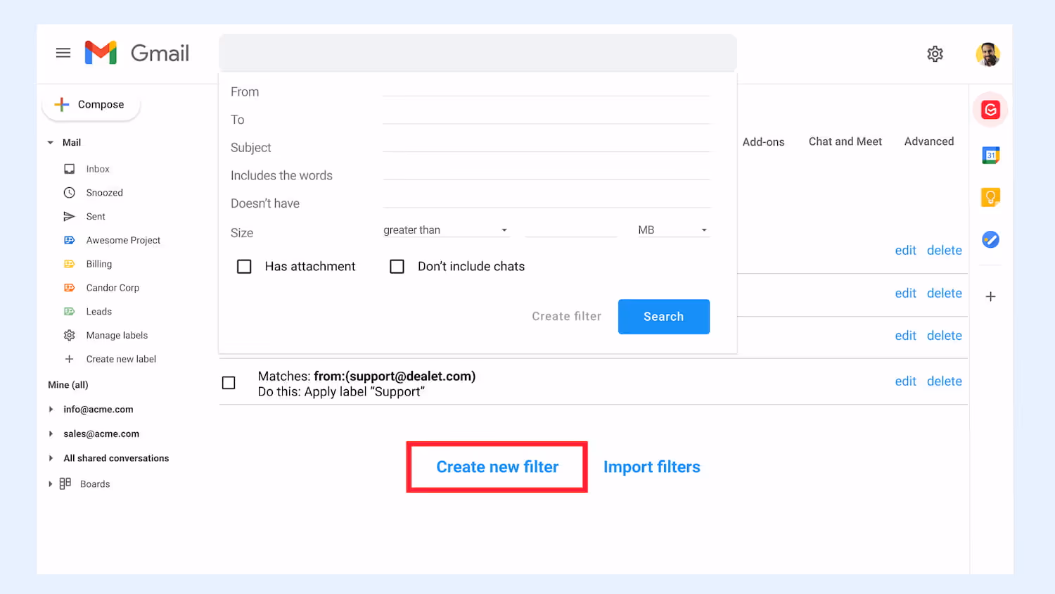 Filters in Gmail.