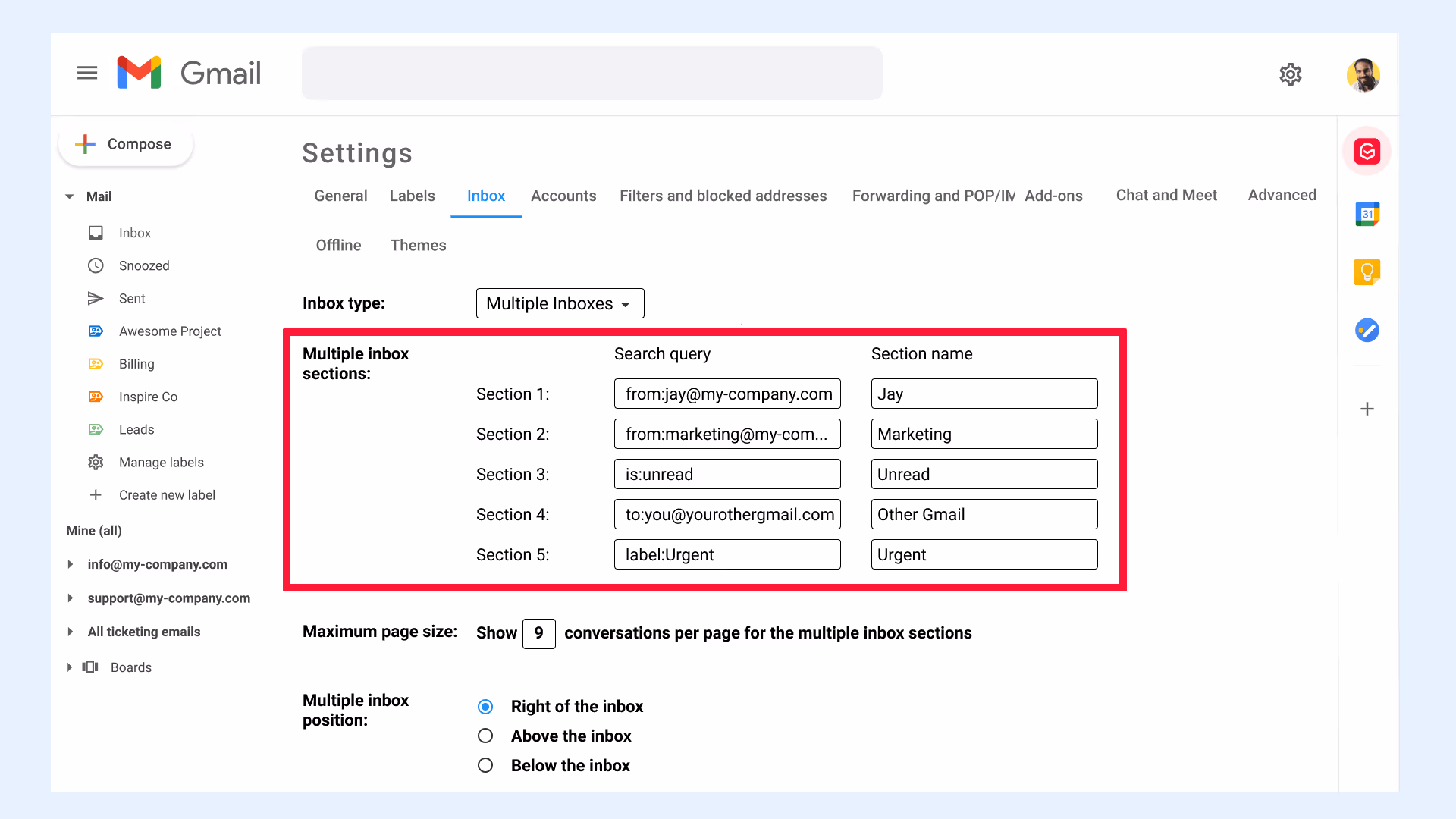 Gmail settings Inbox Section name