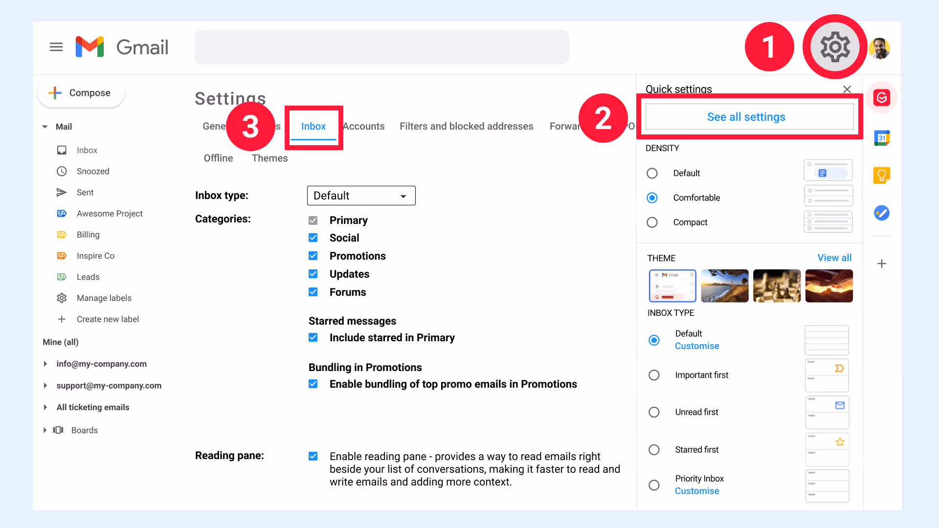 Gmail settings Inbox