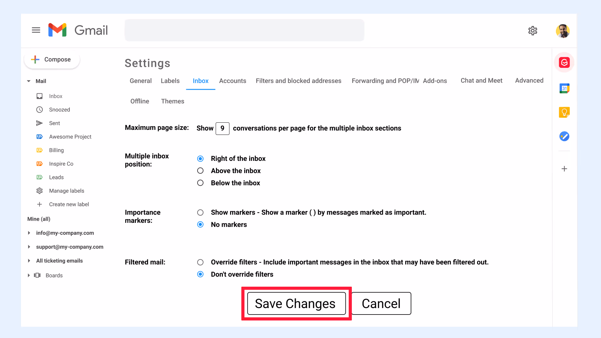 Gmail settings Inbox Save changes