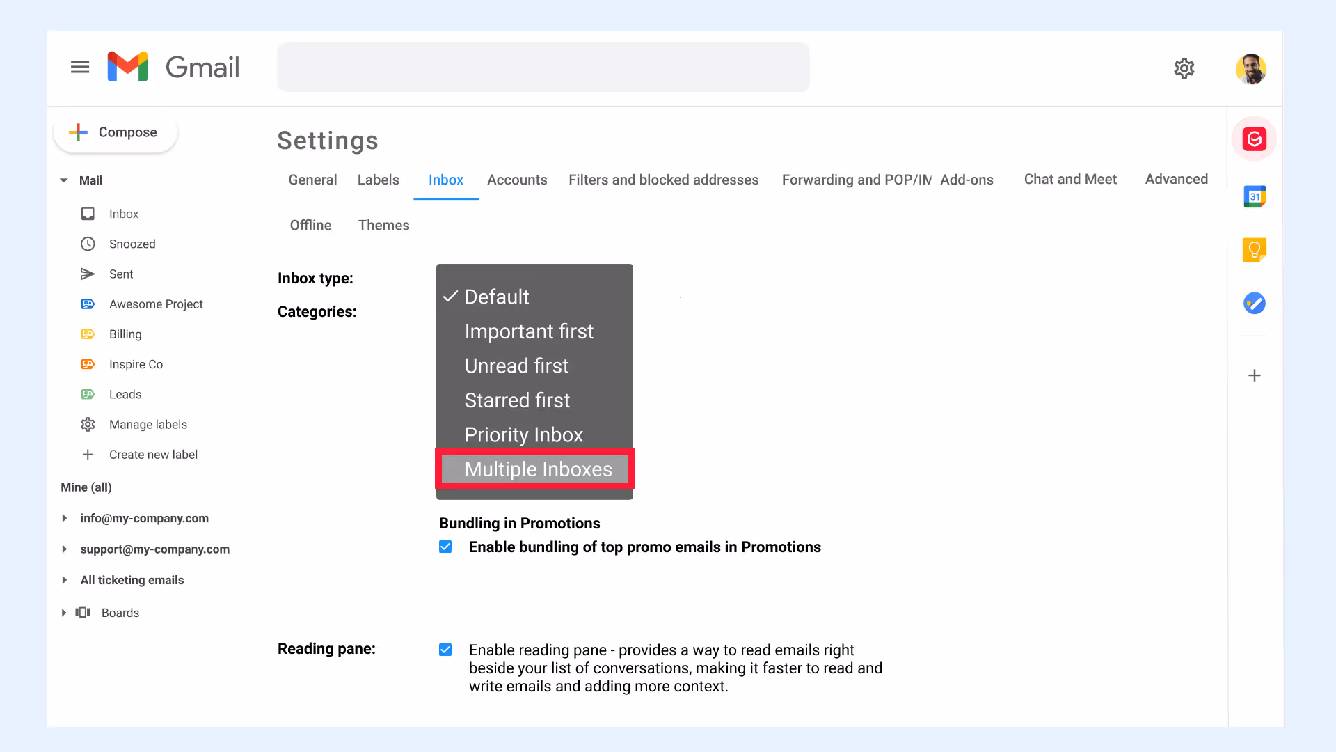 Gmail settings multiple inboxes