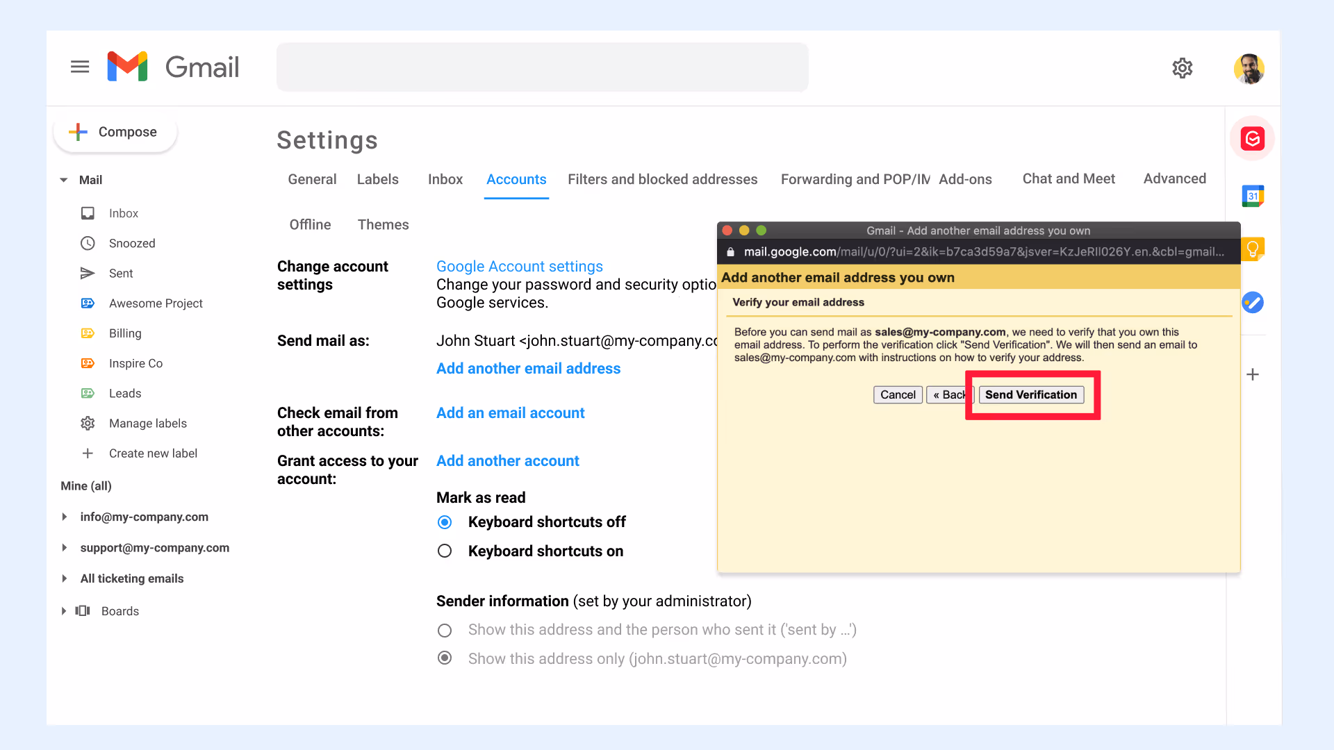 Gmail settings send verifitcation