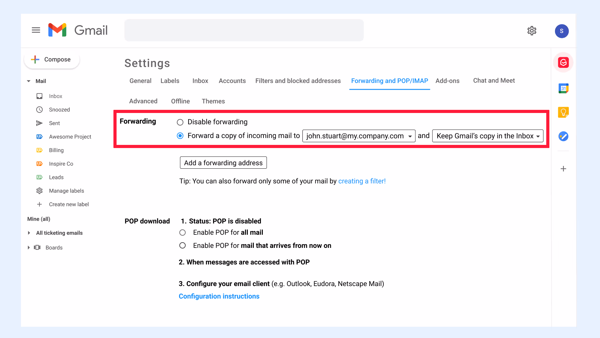 Gmail settings forwarding option