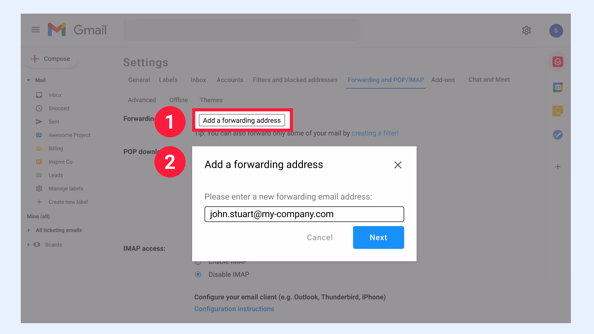 Gmail settings add a forwarding address