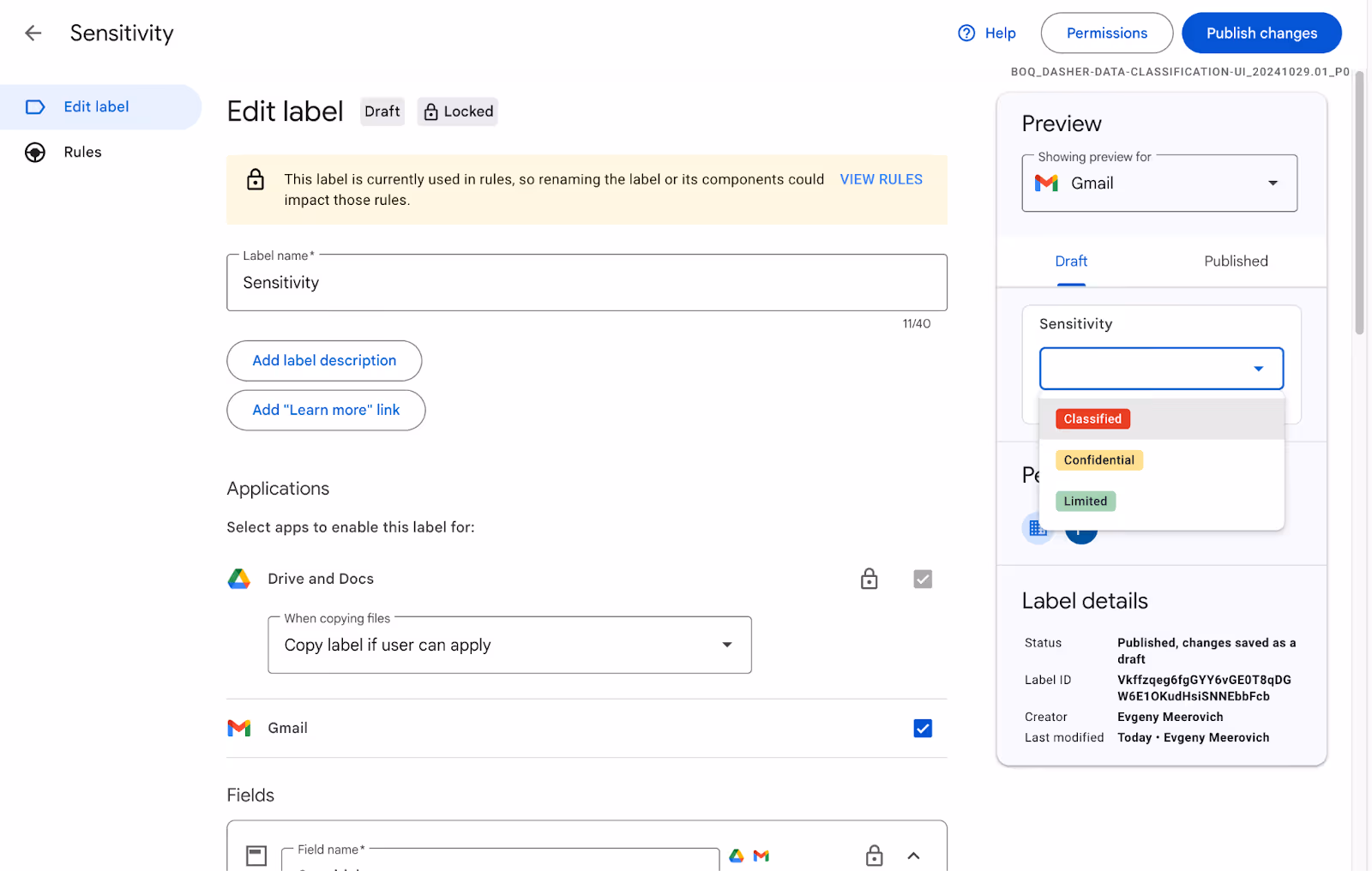 Email label editing settings