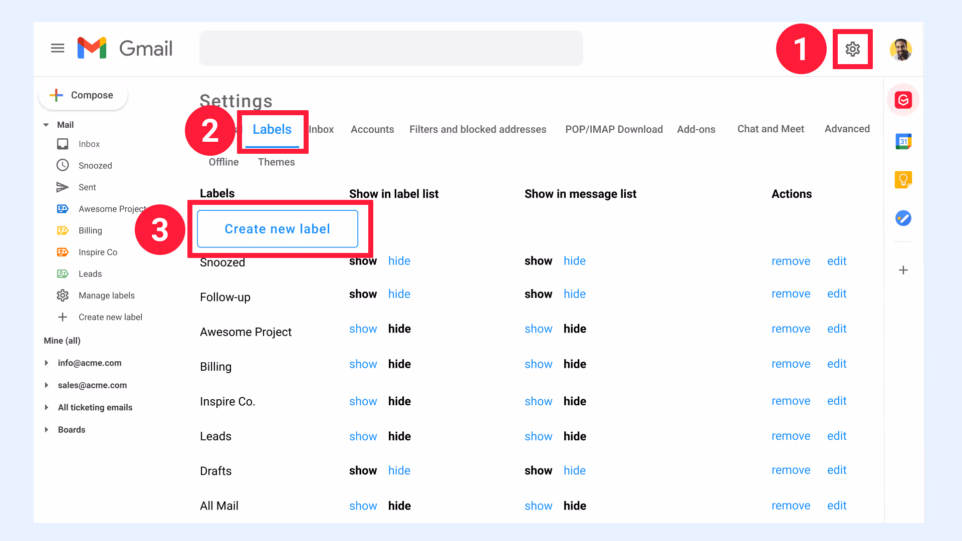 Gmail Settings Create new label