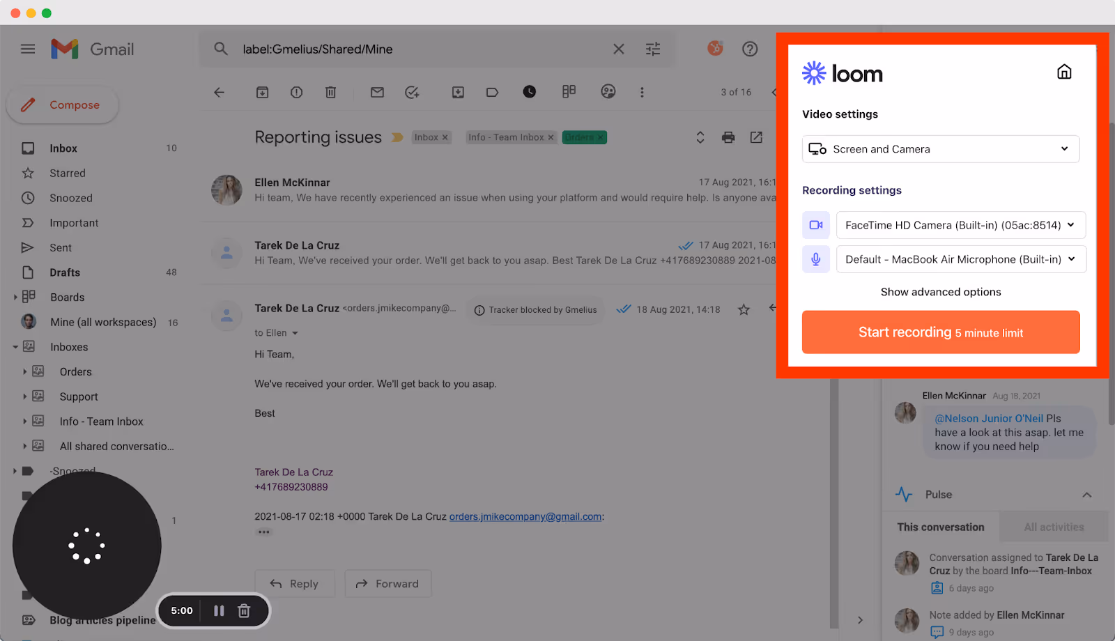 Adding a Loom video to email notes