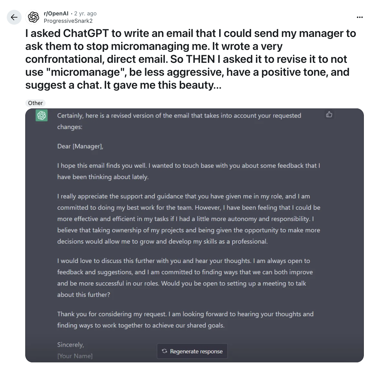 Reddit user tries ChatGPT to write emails