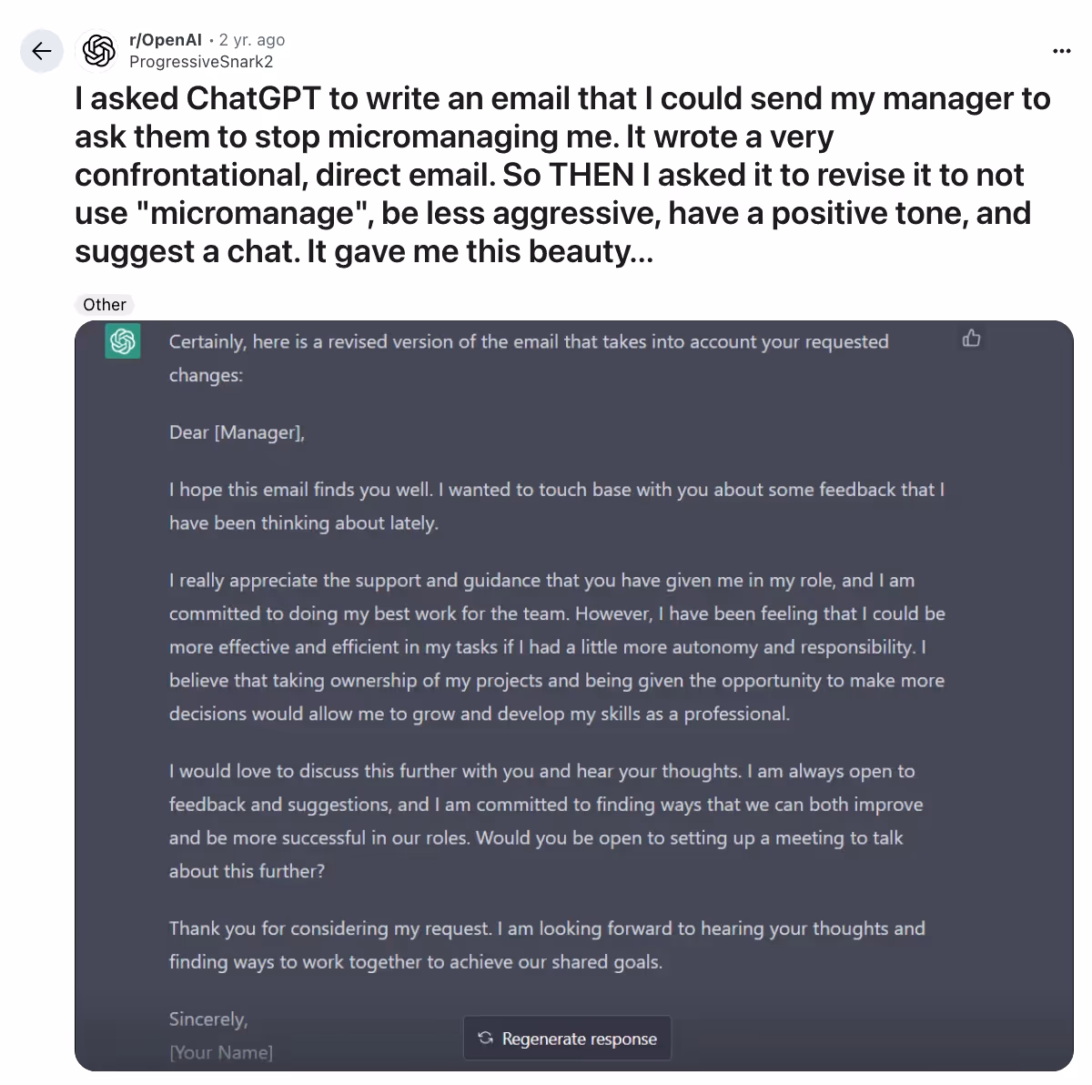 Reddit user tries ChatGPT to write emails