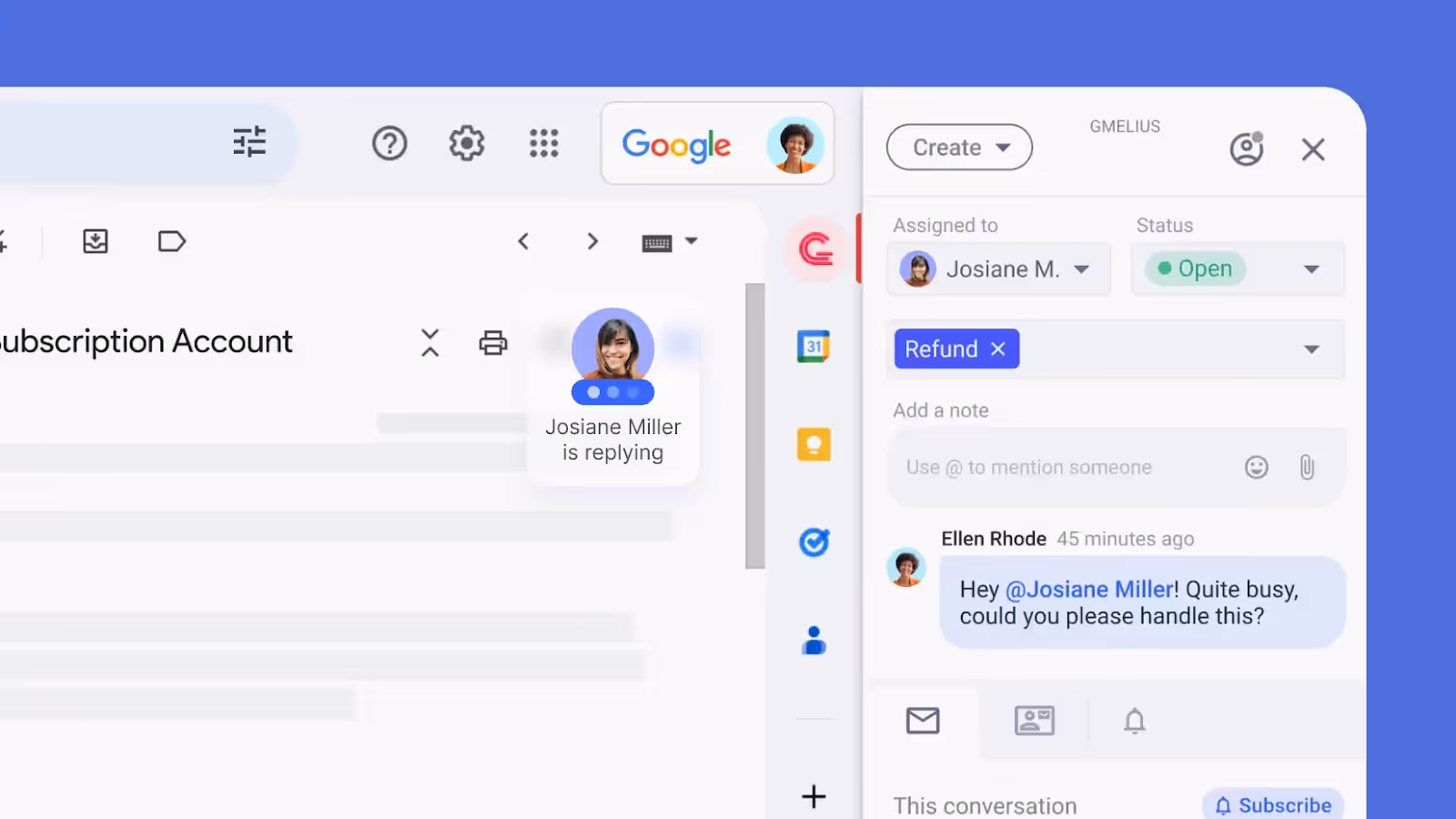 Assignee, email tags, notes and collision detection in a Gmelius shared conversation