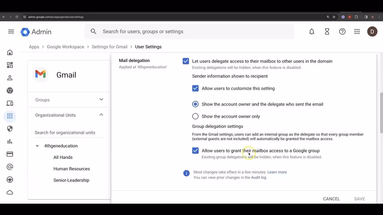 Gmail delegation settings