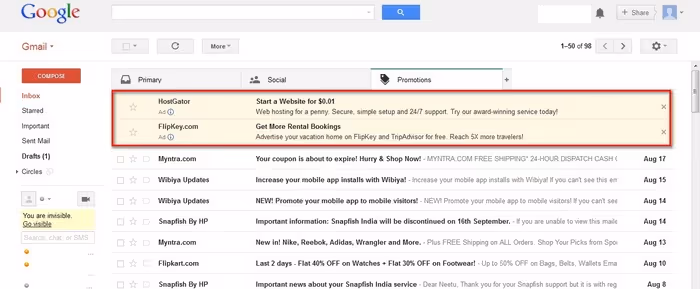 Example of Gmail inbox with Ads at the top of the list view