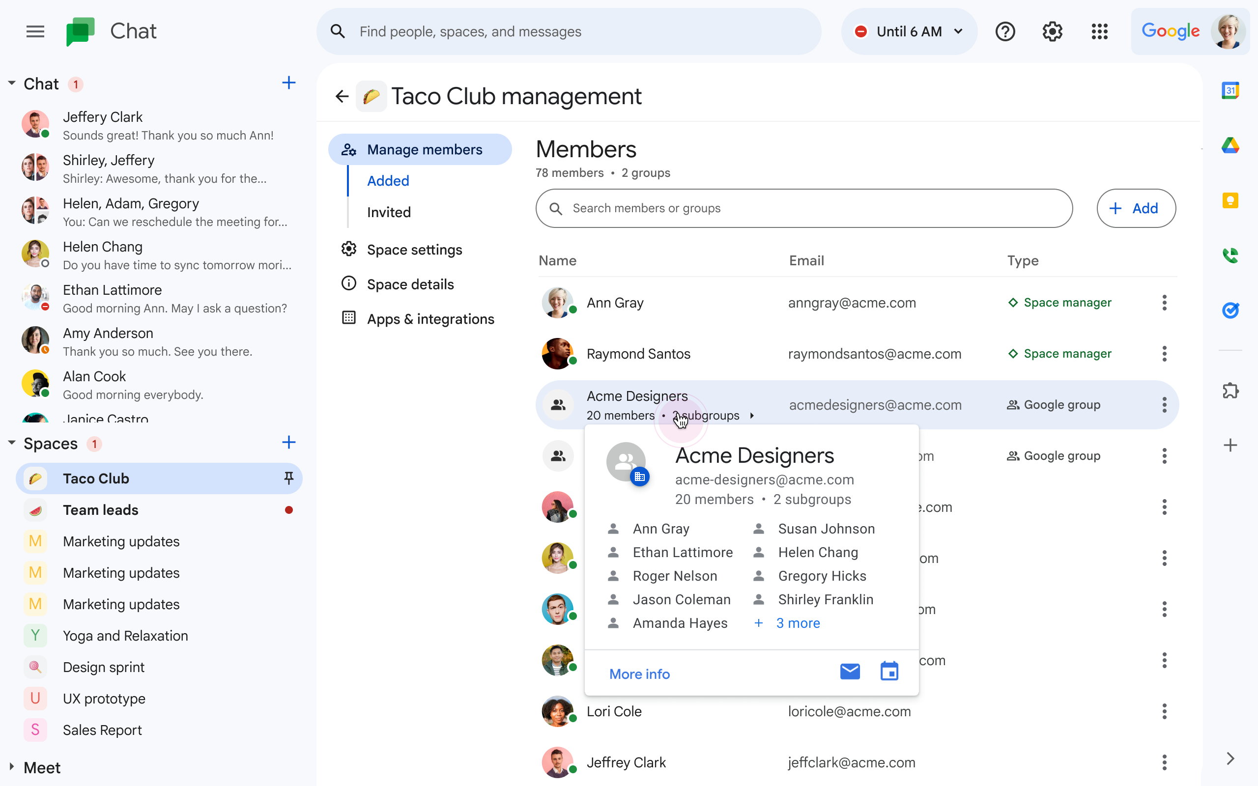 Google group settings