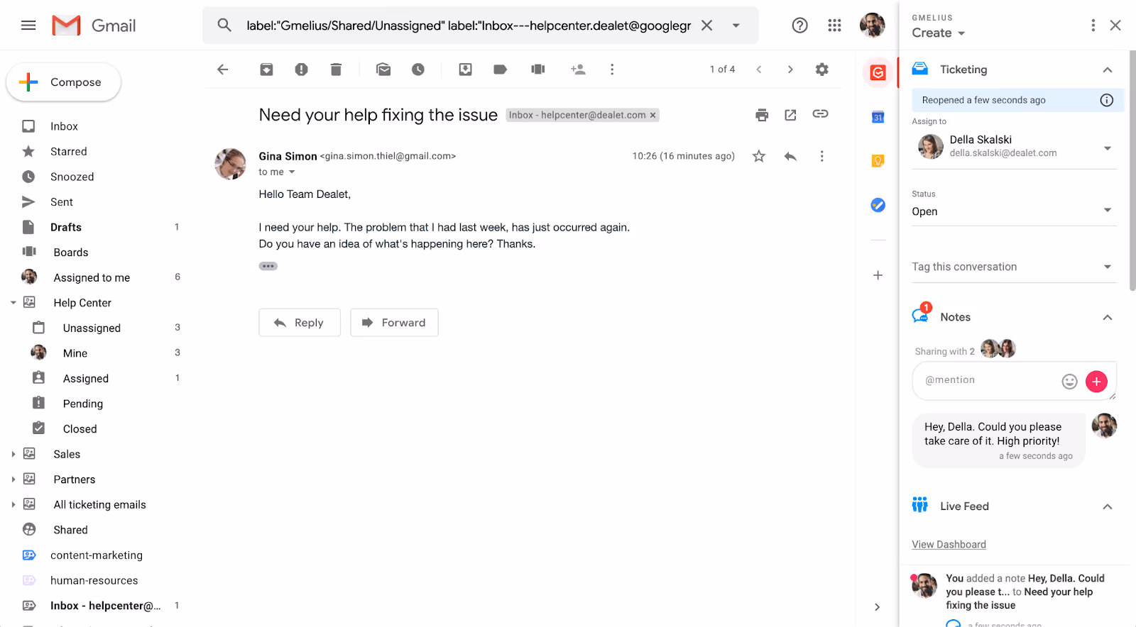 Internal notes in a shared inbox