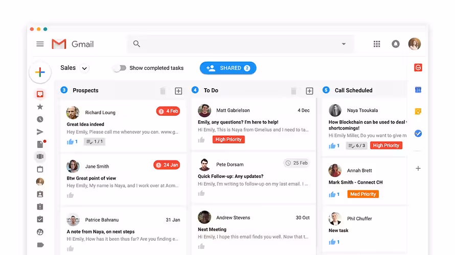 Kanban board view in a shared inbox