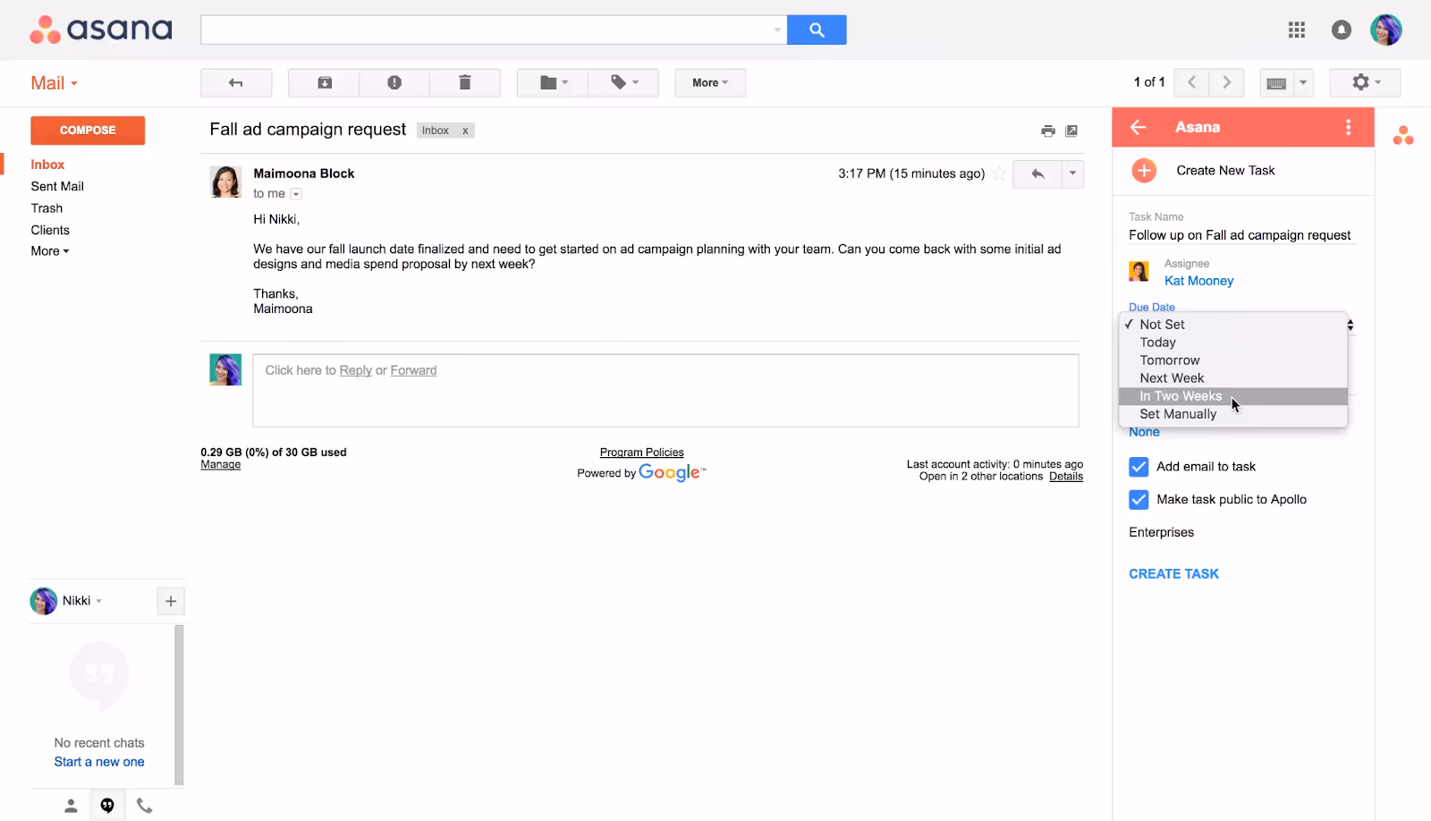 Example of Google Workspace integration with the project management software, Asana