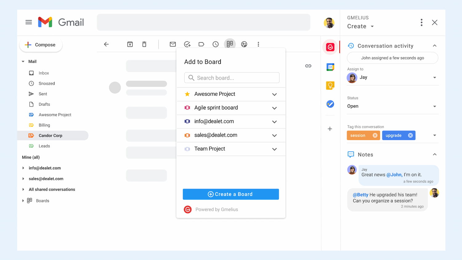 Add a conversation to your team's Kanban board from inside Gmail with Gmelius.