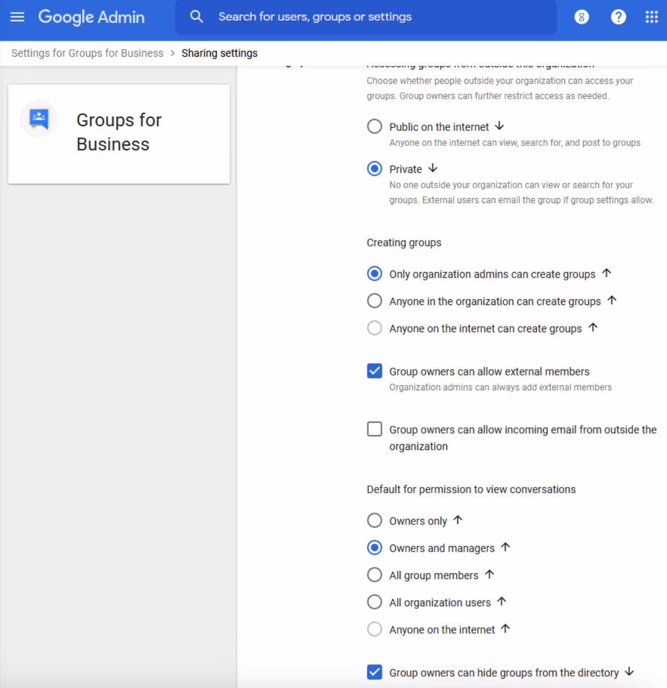 Admin settings for Group email
