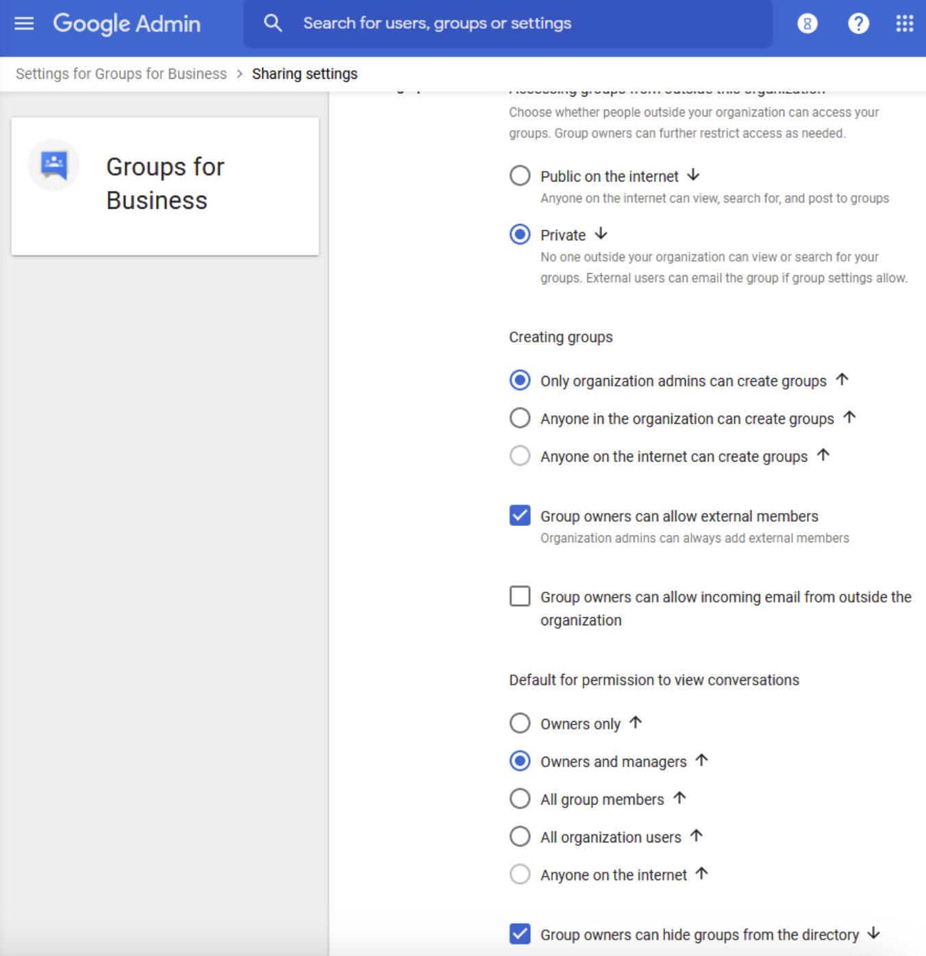 Admin settings for Group email