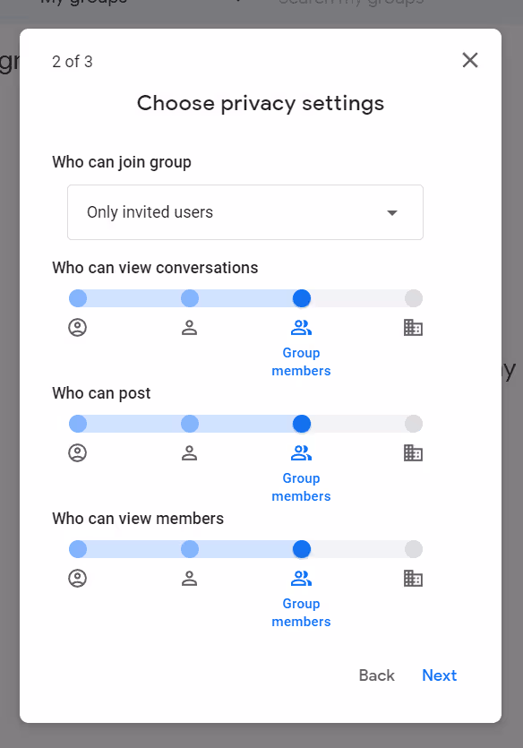 Defining access permissions when setting up group email in Gmail