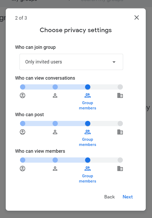 Defining access permissions when setting up group email in Gmail