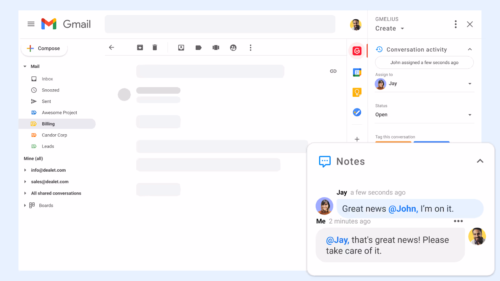 Gmelius uses native Gmail integration to offer in-line AI
