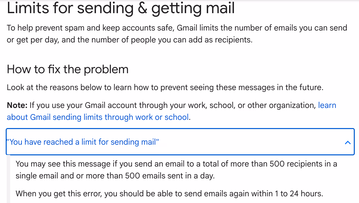 Gmail limits according to Google