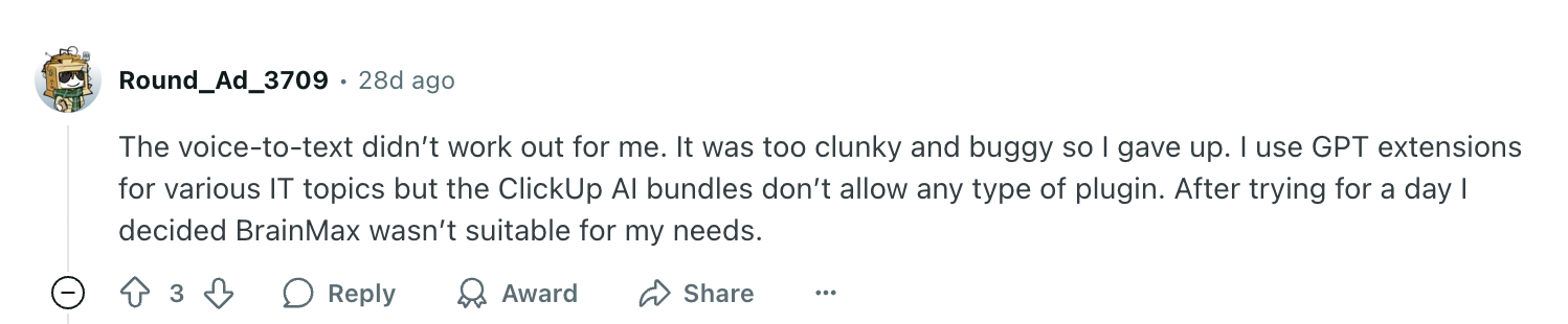 ClickUp Brain AI review on Reddit