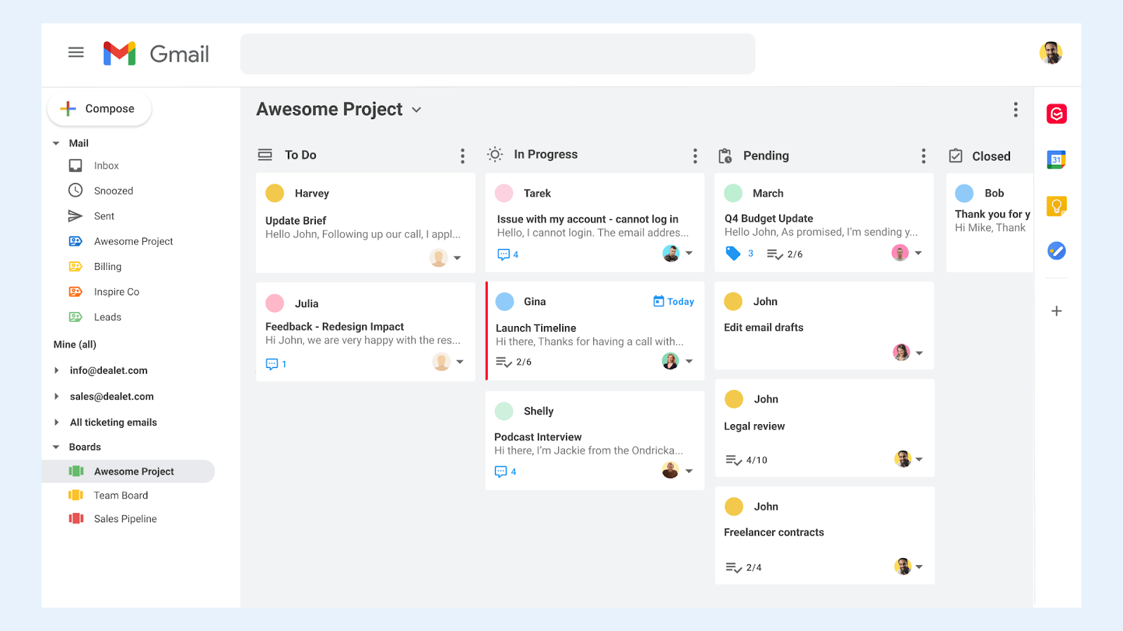 Logistics teams can visualize ongoing tasks and projects as a Kanban board right inside their inbox