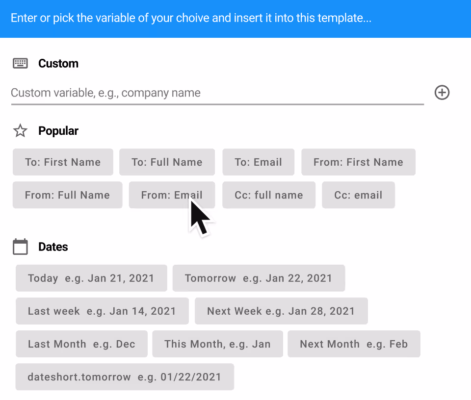 Gmelius variables for HTML source code email templates.