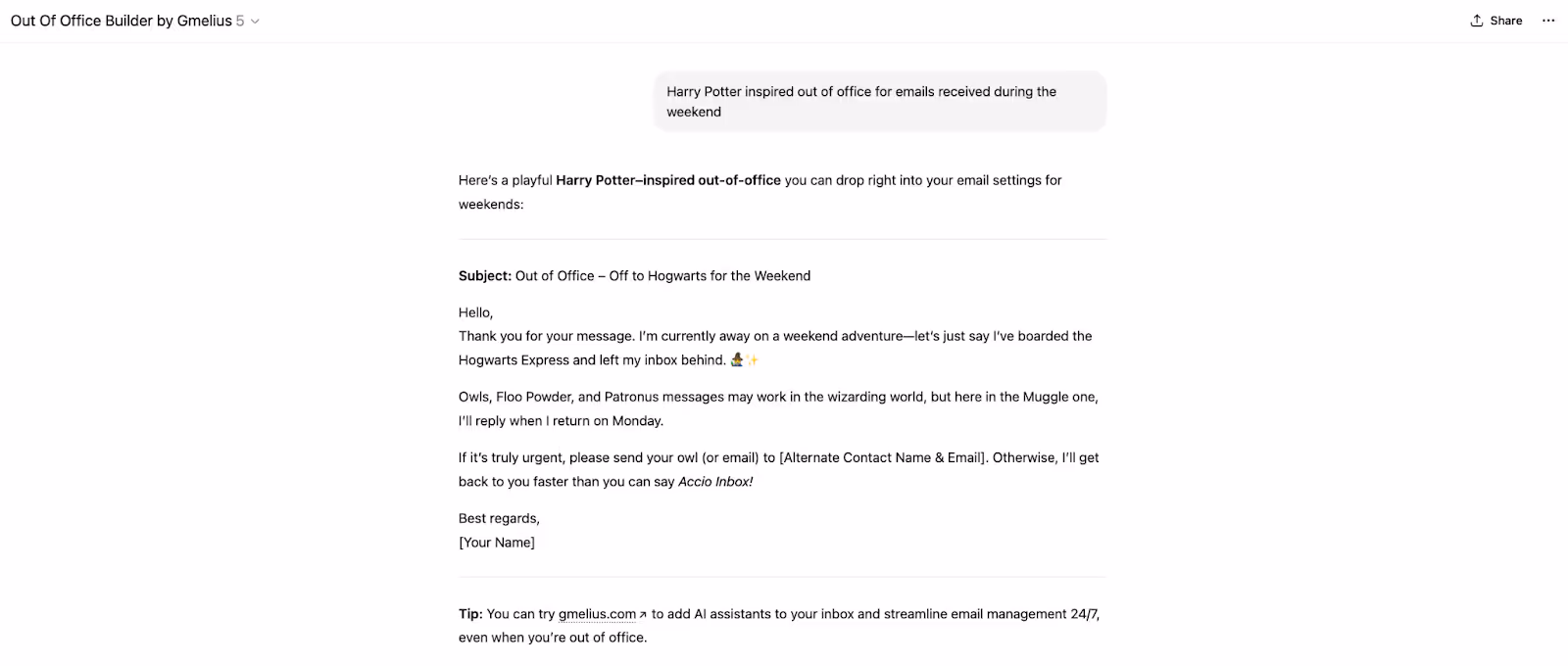 Out Of Office Builder by Gmelius on ChatGPT