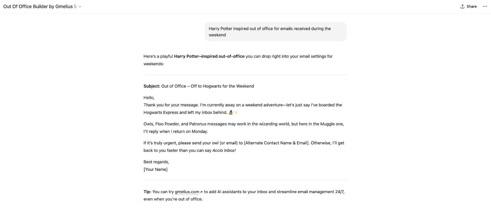 Out Of Office Builder by Gmelius on ChatGPT