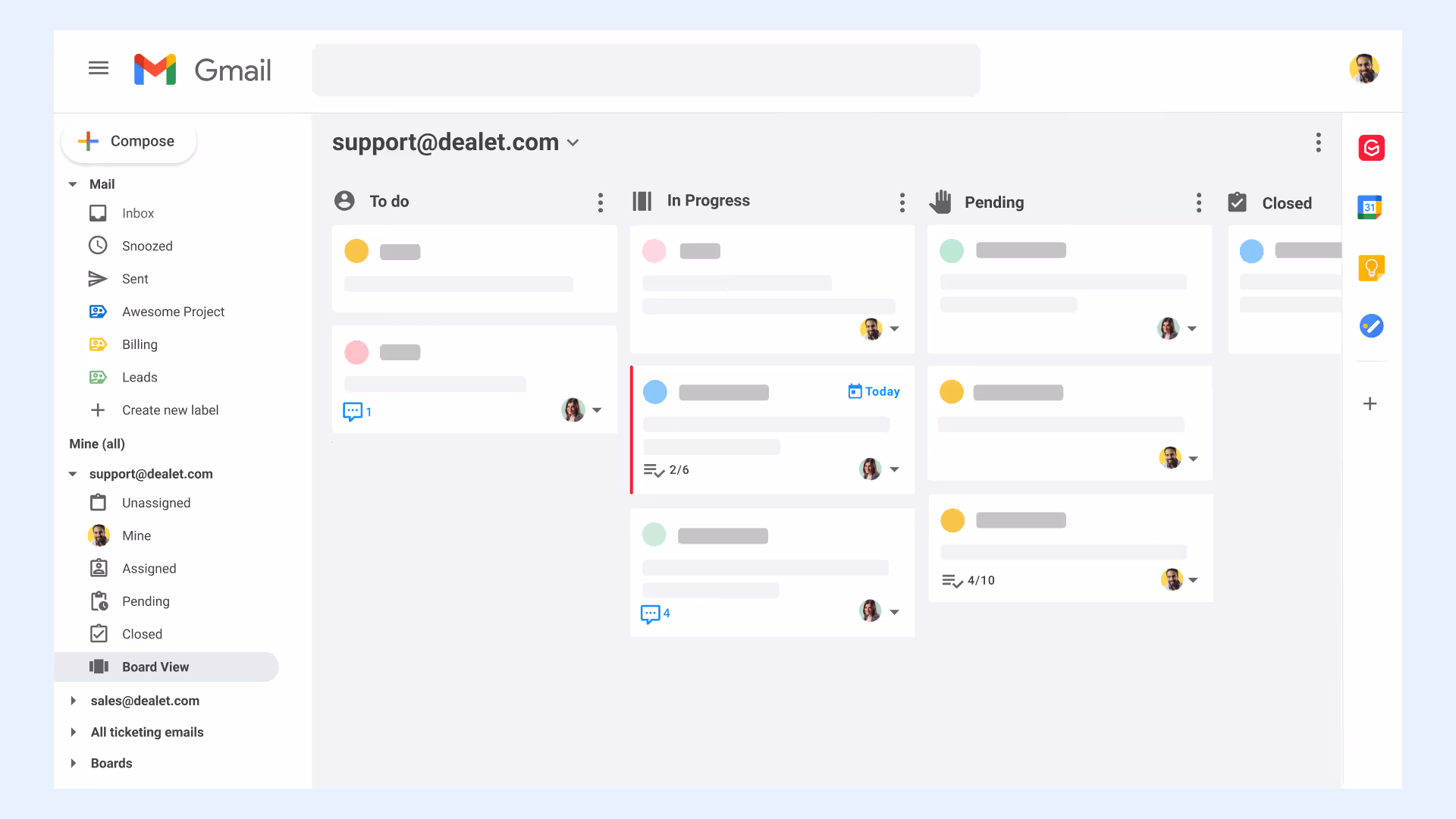 Shared Inbox support@ Kanban Board