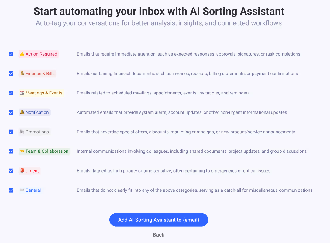 Prebuilt + custom AI email tagging on Gmelius