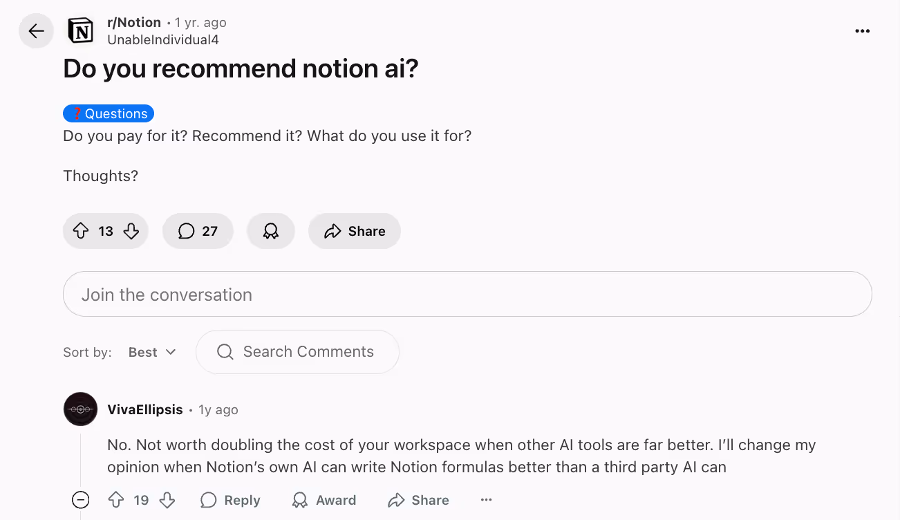 Not-so-positive reviews of Notion AI on Reddit
