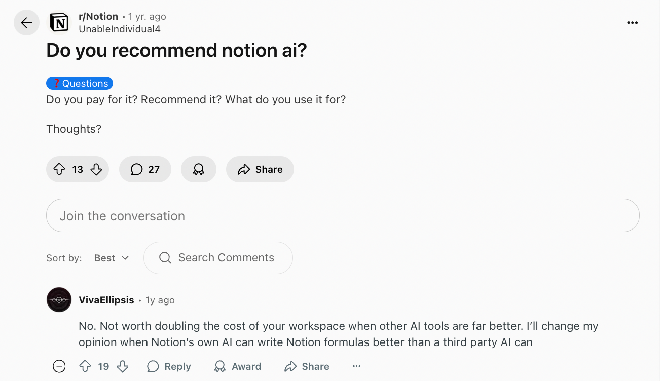 Not-so-positive reviews of Notion AI on Reddit