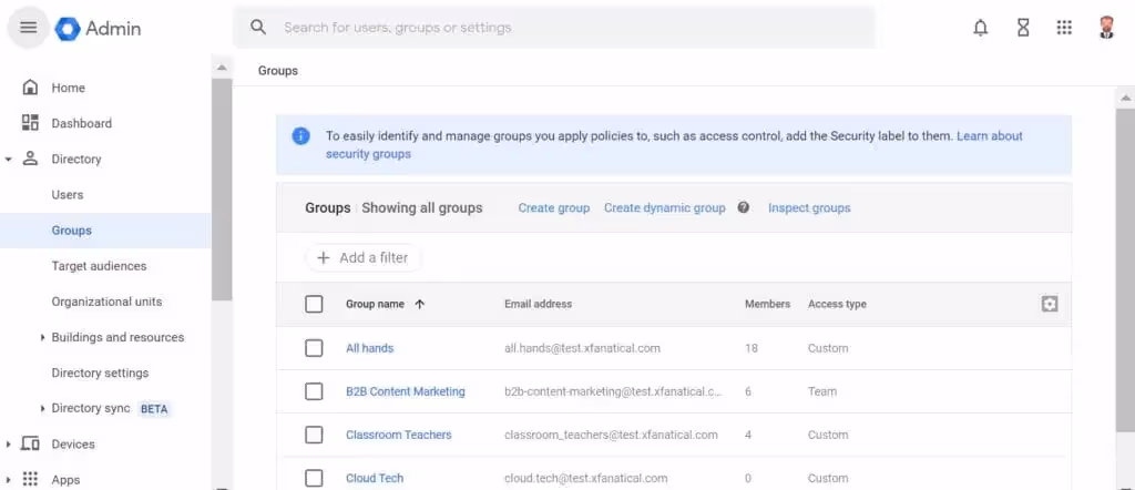 The admin view of Google Groups