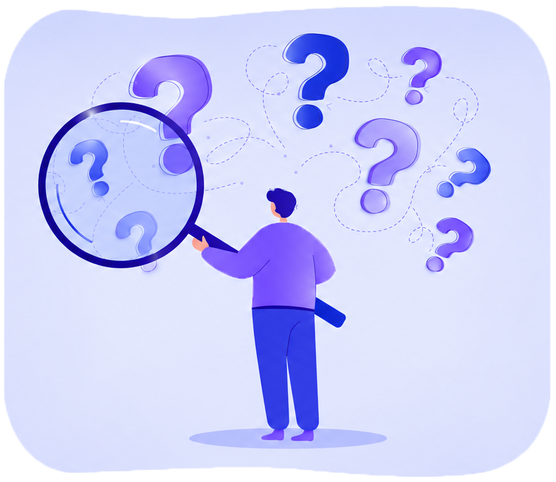 Illustration of a person holding a magnifying glass up to a cloud of question marks