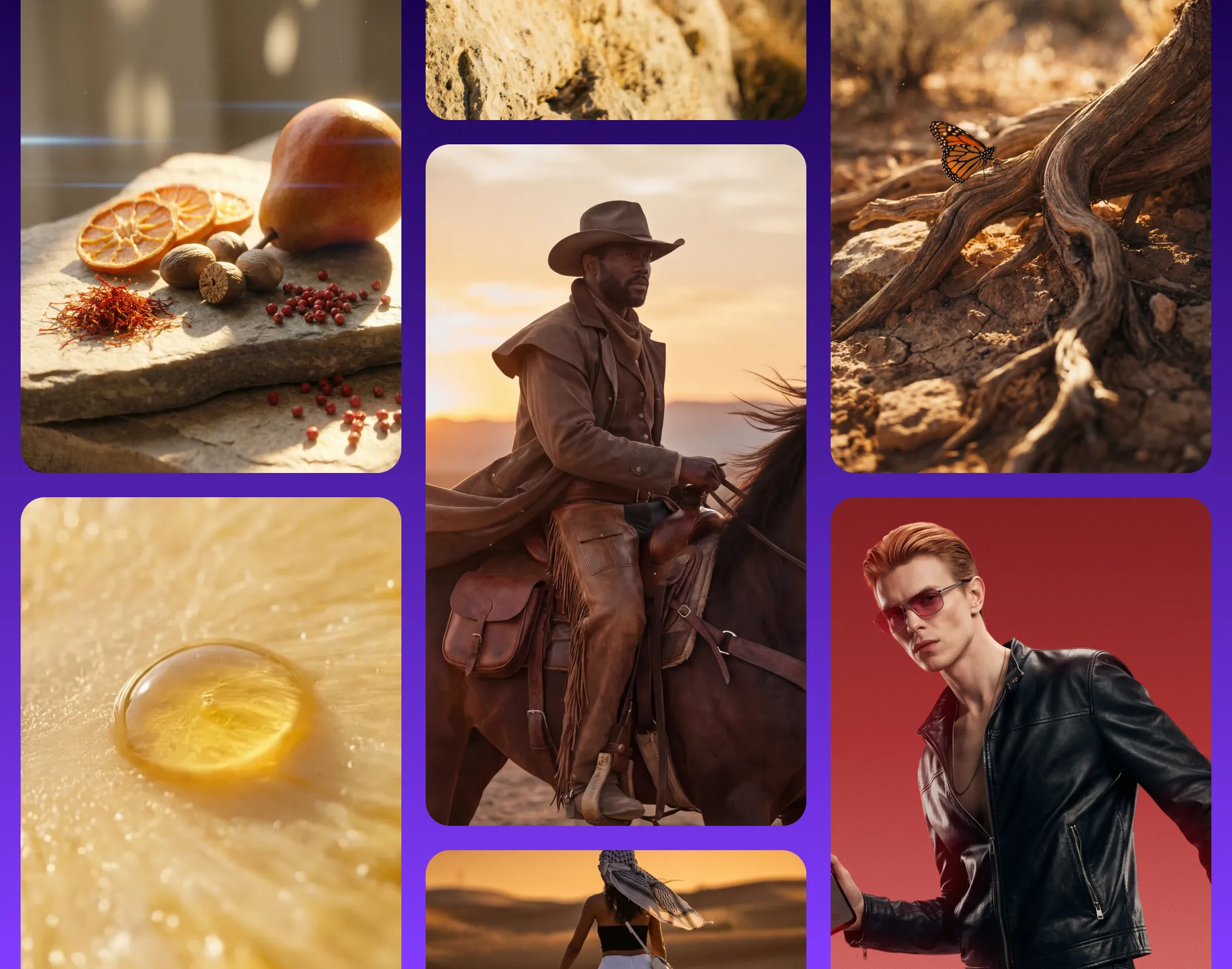 Collage of images including a cowboy on horseback at sunset, a young man in a black leather jacket and sunglasses, a close-up of an orange slice with a water droplet, dried spices and a pear on stone, a butterfly on twisted tree roots, and a woman walking in a desert landscape.